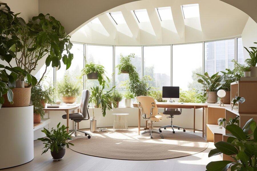 vibrant office with many potted plants and bright windows and computer chairs and table - Plant Studio