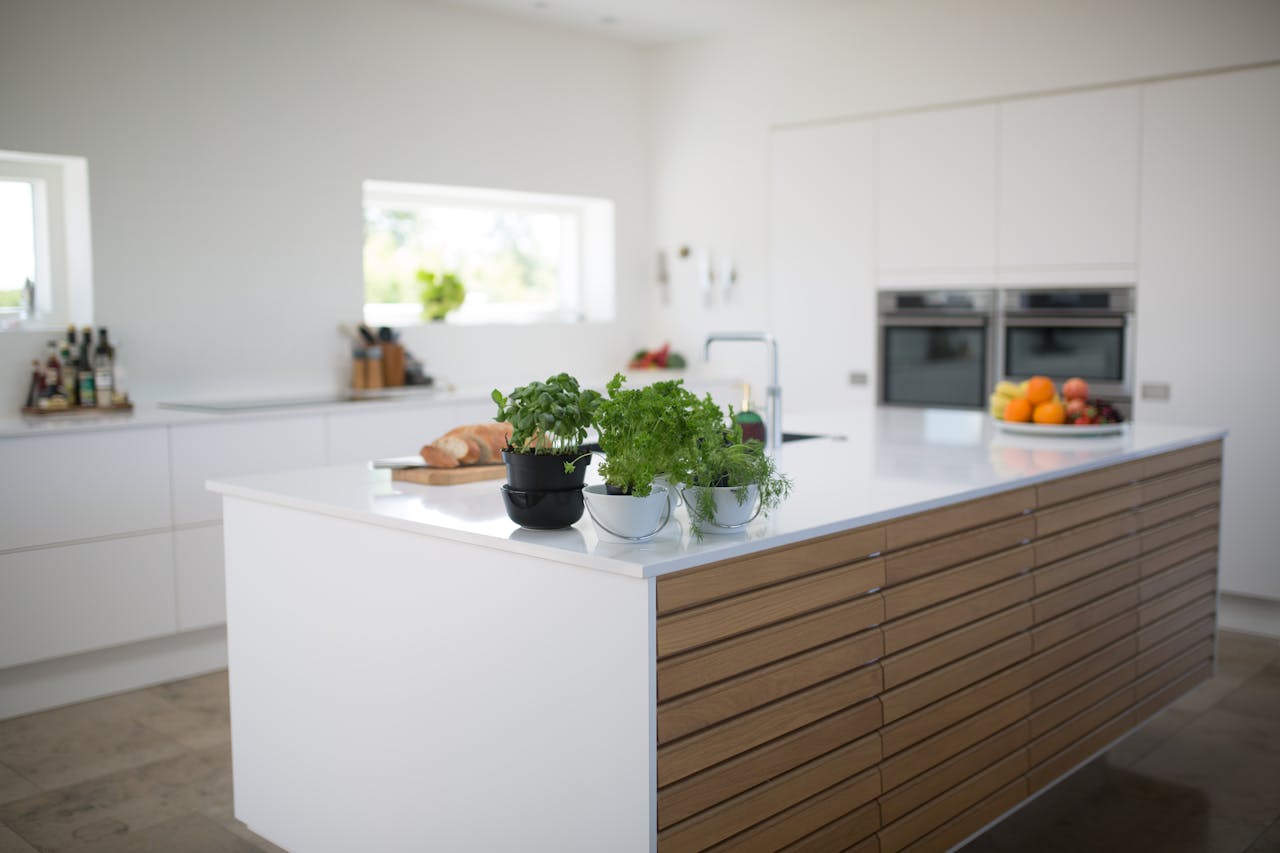 small herb plants in black and white pots placed on top of white kitchen counter