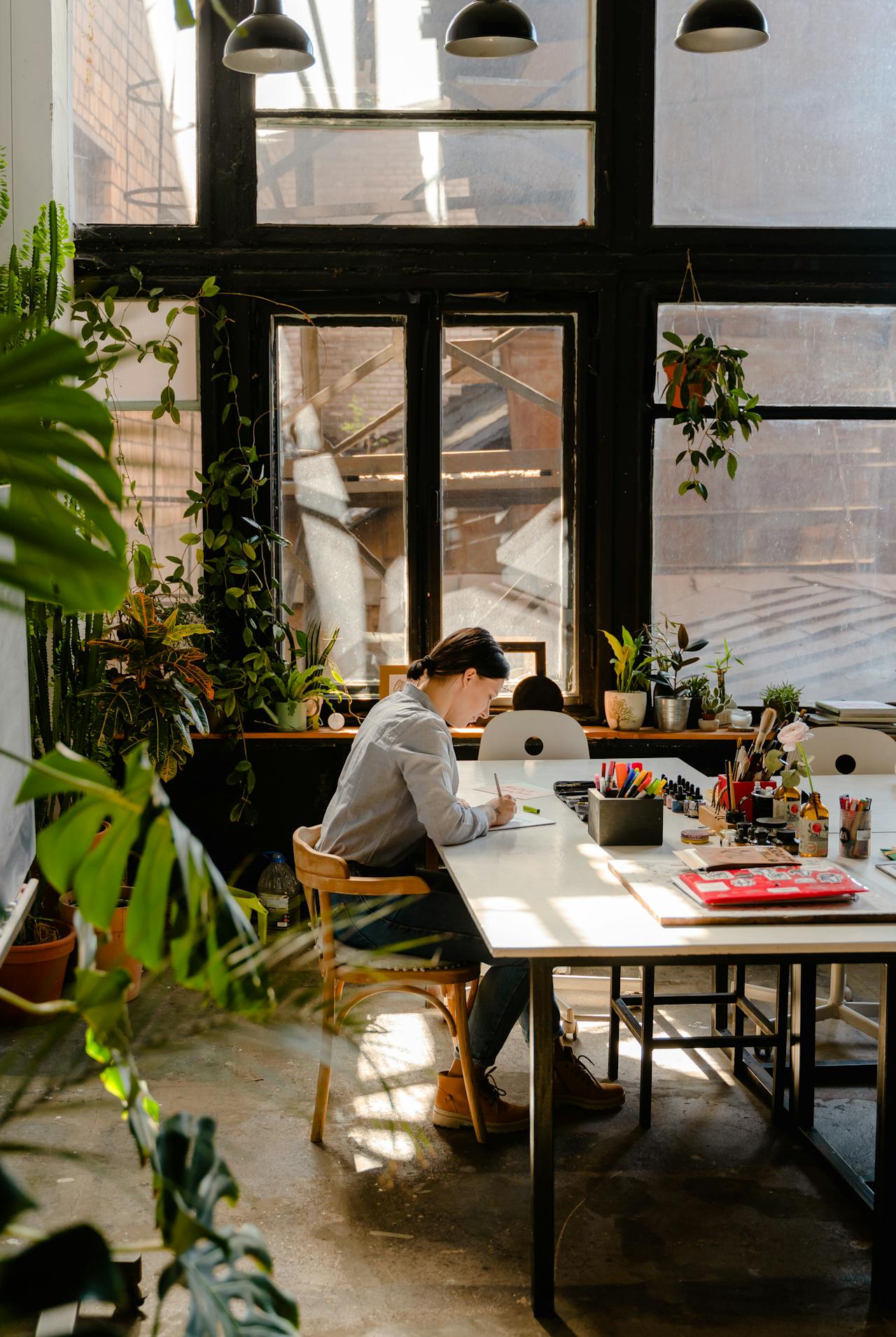 woman working surrounded by lots of plants in office - Plant Studio