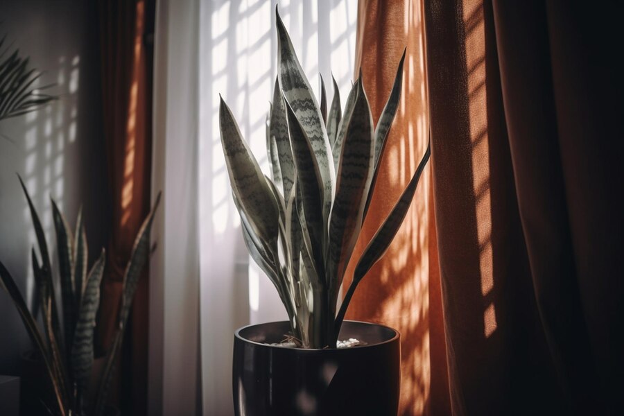 snake plant in gray pot placed near the window with low light - Plant Studio